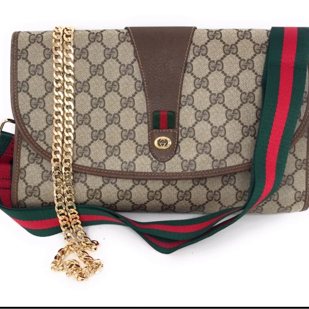 Gucci Beige and Brown Clutch with Gold Chain